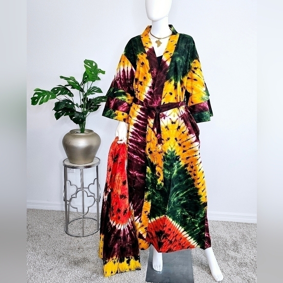 Long African Kimono Headwrap |Full Length African Print Jacket Ankara Robe - NEW - Picture 3 of 5